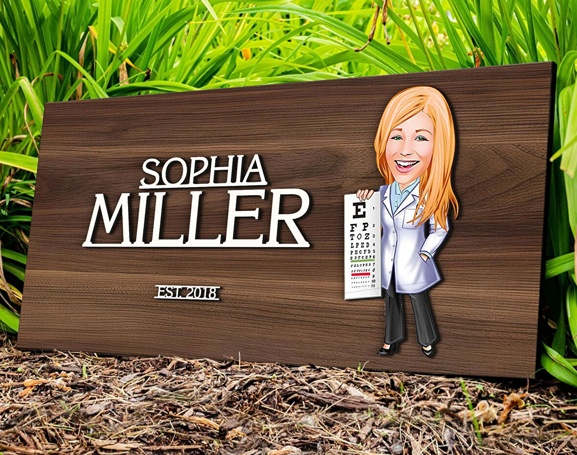 BK Gift Kişiye Özel Kadın Göz Doktoru Karikatürlü Kabartma Tasarım Antik Ceviz Ahşap Tabela-1, Dekoratif Tabela, Rustik Ev Dekorasyonu, Duvar Dekoru