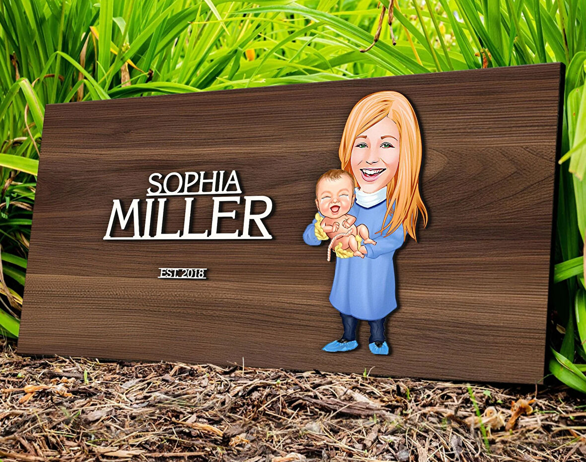 BK Gift Kişiye Özel Kadın Doğum Uzmanı Karikatürlü Kabartma Tasarım Antik Ceviz Ahşap Tabela-1, Dekoratif Tabela, Rustik Ev Dekorasyonu,