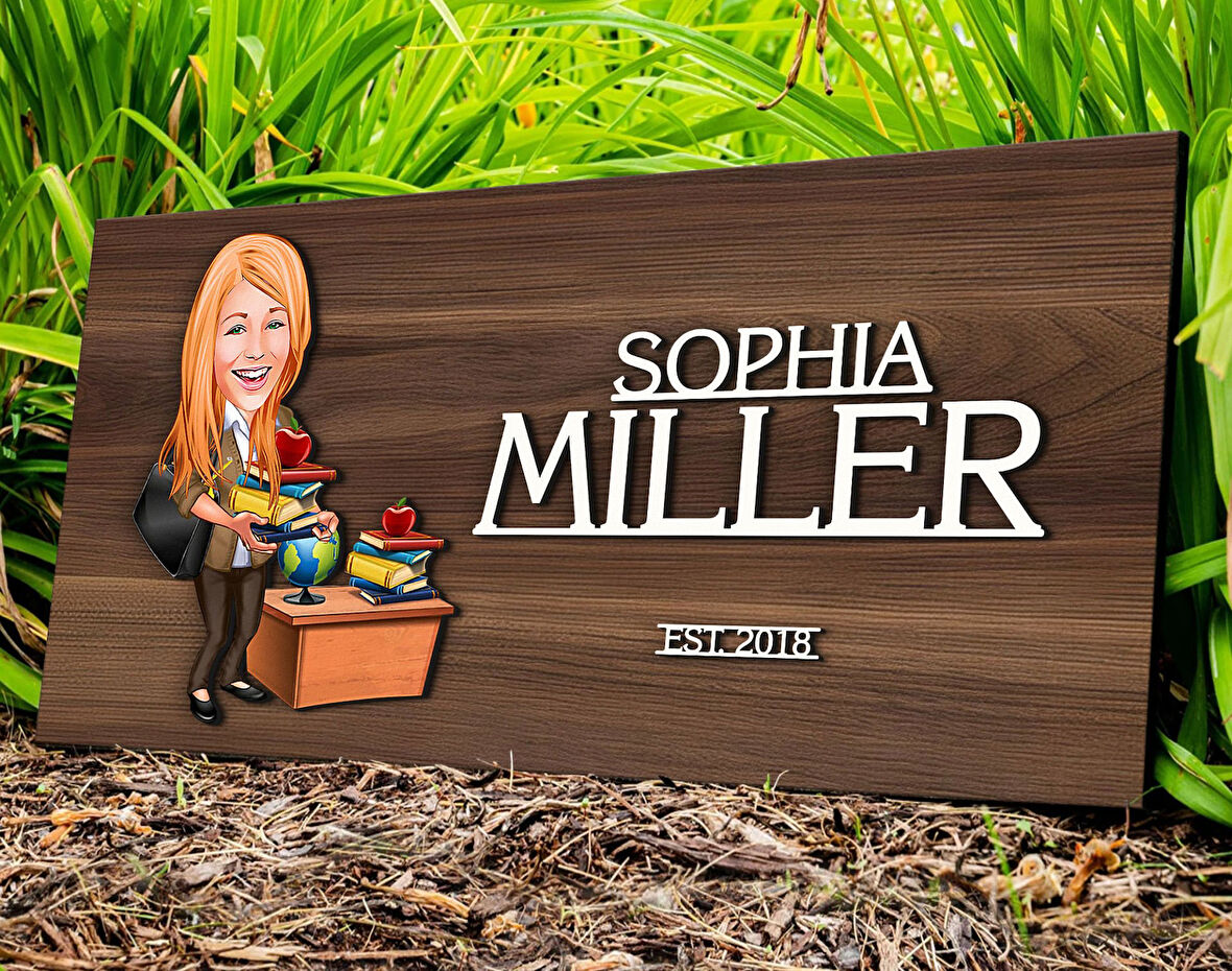 BK Gift Kişiye Özel Kadın Öğretmen Karikatürlü Kabartma Tasarım Antik Ceviz Ahşap Tabela-4, Dekoratif Tabela, Rustik Ev Dekorasyonu,Duvar Dekoru