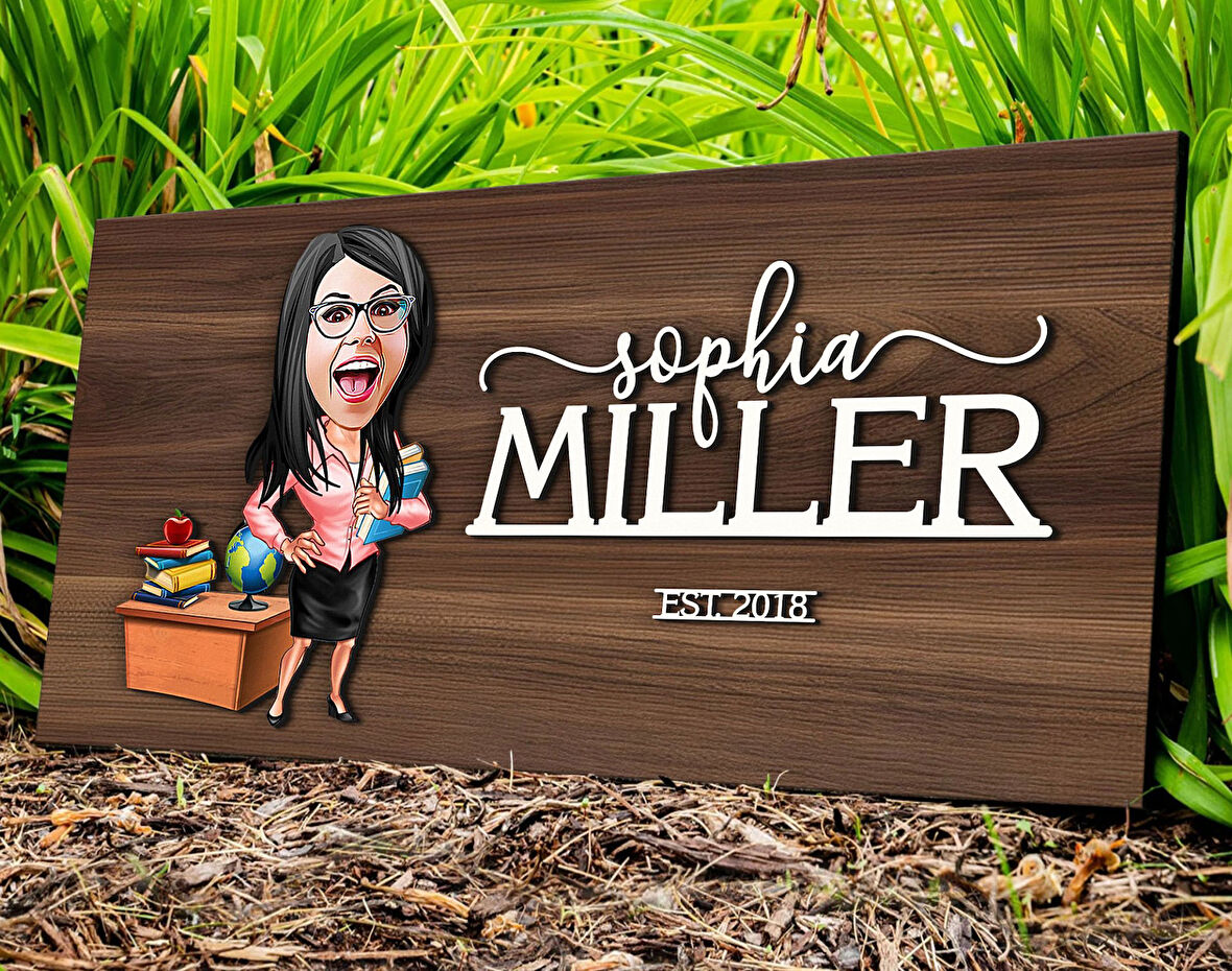 BK Gift Kişiye Özel Kadın Öğretmen Karikatürlü Kabartma Tasarım Antik Ceviz Ahşap Tabela-5, Dekoratif Tabela, Rustik Ev Dekorasyonu,Duvar Dekoru