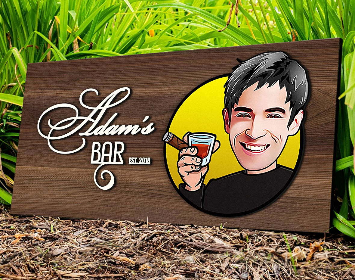 BK Gift Kişiye Özel Erkek Karikatürlü Kabartma Tasarım Antik Ceviz Ahşap Tabela-1, Dekoratif Tabela, Rustik Ev Dekorasyonu