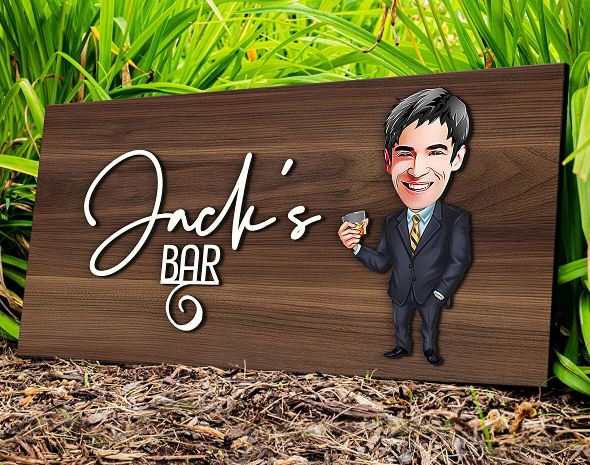 BK Gift Kişiye Özel Erkek Karikatürlü Kabartma Tasarım Antik Ceviz Ahşap Tabela-3, Dekoratif Tabela, Rustik Ev Dekorasyonu