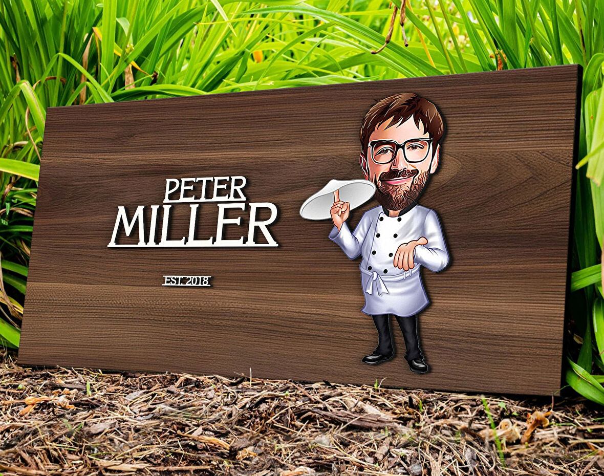 BK Gift Kişiye Özel Erkek Pizza Chef Karikatürlü Kabartma Tasarım Antik Ceviz Ahşap Tabela-1, Dekoratif Tabela, Rustik Ev Dekorasyonu