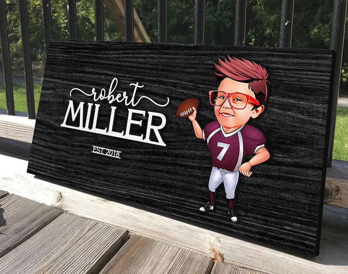 BK Gift Kişiye Özel Amerikan Futbolu Karikatürlü Kabartma Tasarım Antik Siyah (Ebony) Ahşap Tabela-3, Dekoratif Tabela, Rustik Ev Dekorasyonu, Duvar Dekoru