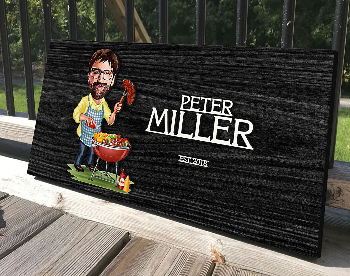 BK Gift Kişiye Özel Barbekü Karikatürlü Kabartma Tasarım Antik Siyah (Ebony) Ahşap Tabela-1, Dekoratif Tabela, Rustik Ev Dekorasyonu, Duvar Dekoru