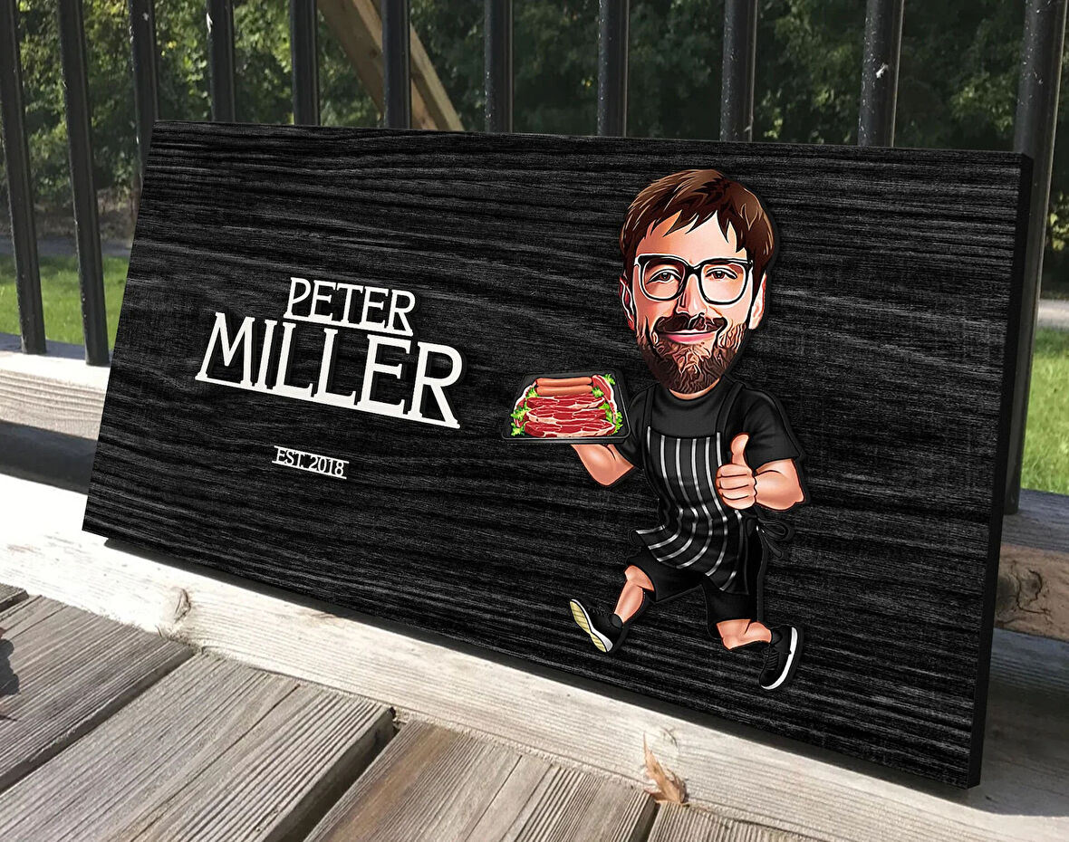 BK Gift Kişiye Özel Barbekü Karikatürlü Kabartma Tasarım Antik Siyah (Ebony) Ahşap Tabela-2, Dekoratif Tabela, Rustik Ev Dekorasyonu, Duvar Dekoru