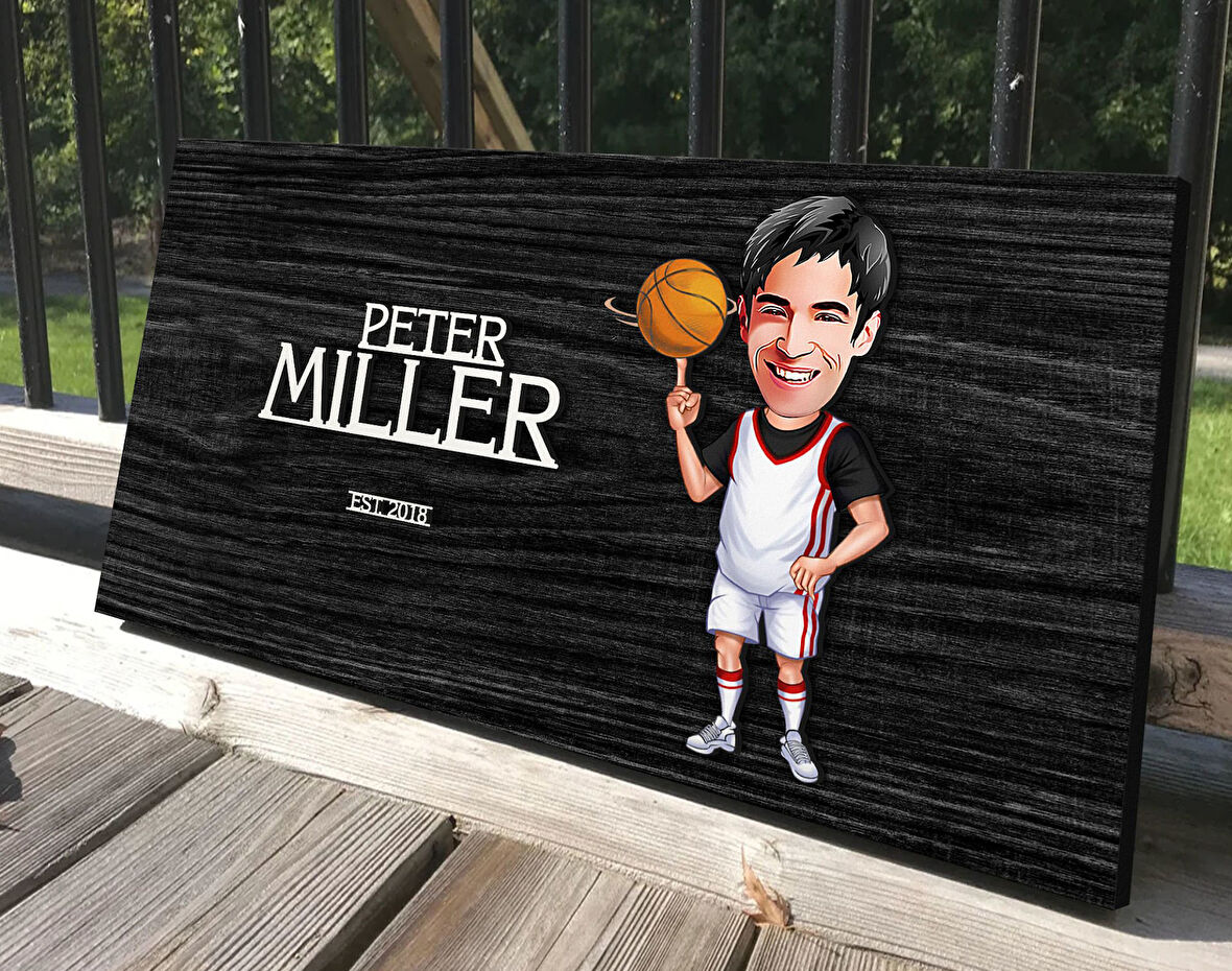 BK Gift Kişiye Özel Erkek Basketbolcu Karikatürlü Kabartma Tasarım Antik Siyah (Ebony) Ahşap Tabela-1, Dekoratif Tabela, Rustik Ev Dekorasyonu, Duvar Dekoru