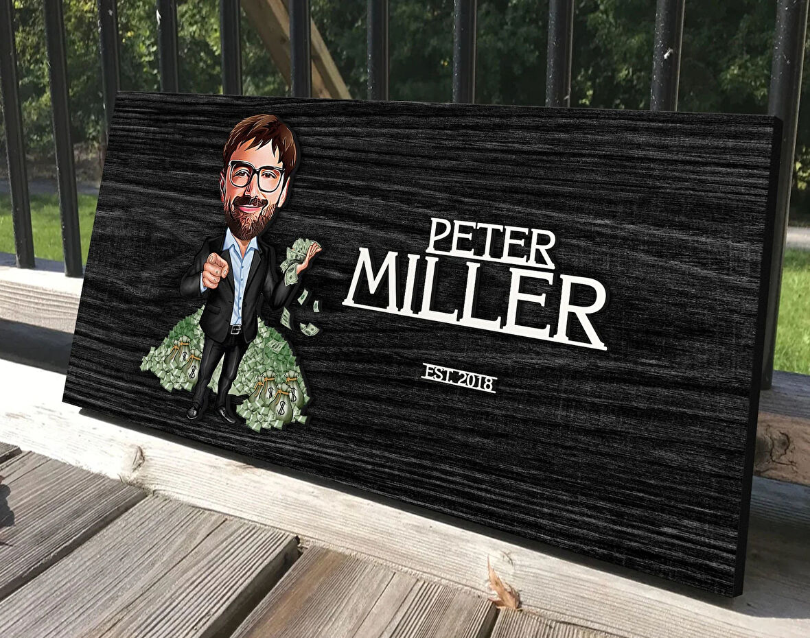 BK Gift Kişiye Özel Erkek Bankacı Karikatürlü Kabartma Tasarım Antik Siyah (Ebony) Ahşap Tabela-1, Dekoratif Tabela, Rustik Ev Dekorasyonu, Duvar Dekoru