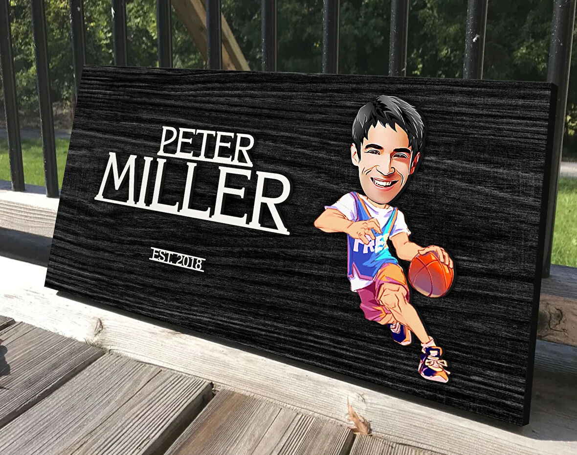 BK Gift Kişiye Özel Erkek Basketbolcu Karikatürlü Kabartma Tasarım Antik Siyah (Ebony) Ahşap Tabela-2, Dekoratif Tabela, Rustik Ev Dekorasyonu, Duvar Dekoru