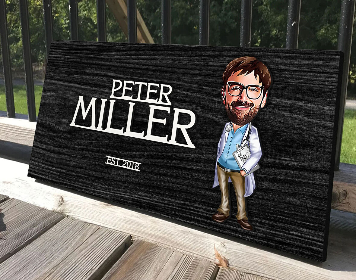 BK Gift Kişiye Özel Erkek Doktor Karikatürlü Kabartma Tasarım Antik Siyah (Ebony) Ahşap Tabela-2, Dekoratif Tabela, Rustik Ev Dekorasyonu, Duvar Dekoru