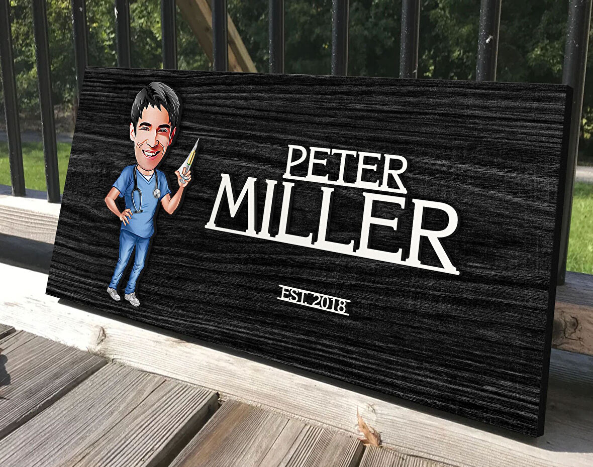 BK Gift Kişiye Özel Erkek Doktor Karikatürlü Kabartma Tasarım Antik Siyah (Ebony) Ahşap Tabela-3, Dekoratif Tabela, Rustik Ev Dekorasyonu, Duvar Dekoru