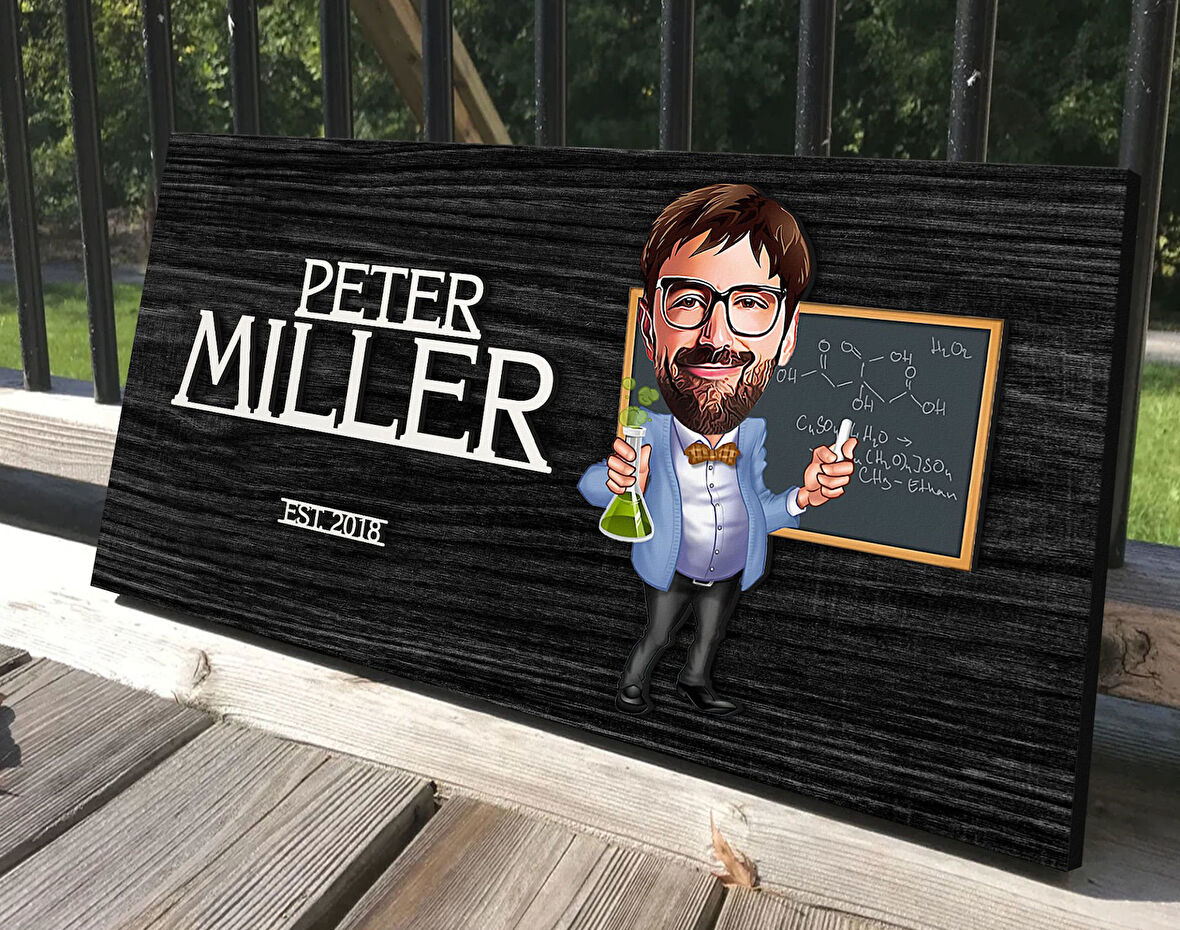 BK Gift Kişiye Özel Erkek Kimya Öğretmeni Karikatürlü Kabartma Tasarım Antik Siyah (Ebony) Ahşap Tabela-1, Dekoratif Tabela, Rustik Ev Dekorasyonu, Duvar Dekoru