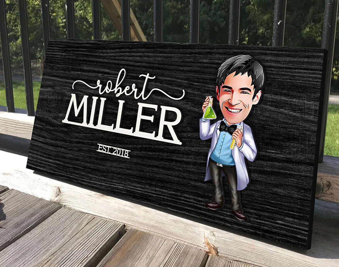 BK Gift Kişiye Özel Erkek Kimya Öğretmeni Karikatürlü Kabartma Tasarım Antik Siyah (Ebony) Ahşap Tabela-2, Dekoratif Tabela, Rustik Ev Dekorasyonu, Duvar Dekoru