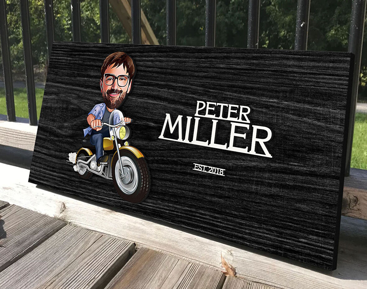 BK Gift Kişiye Özel Erkek Motorcu Karikatürlü Kabartma Tasarım Antik Siyah (Ebony) Ahşap Tabela-1, Dekoratif Tabela, Rustik Ev Dekorasyonu, Duvar Dekoru