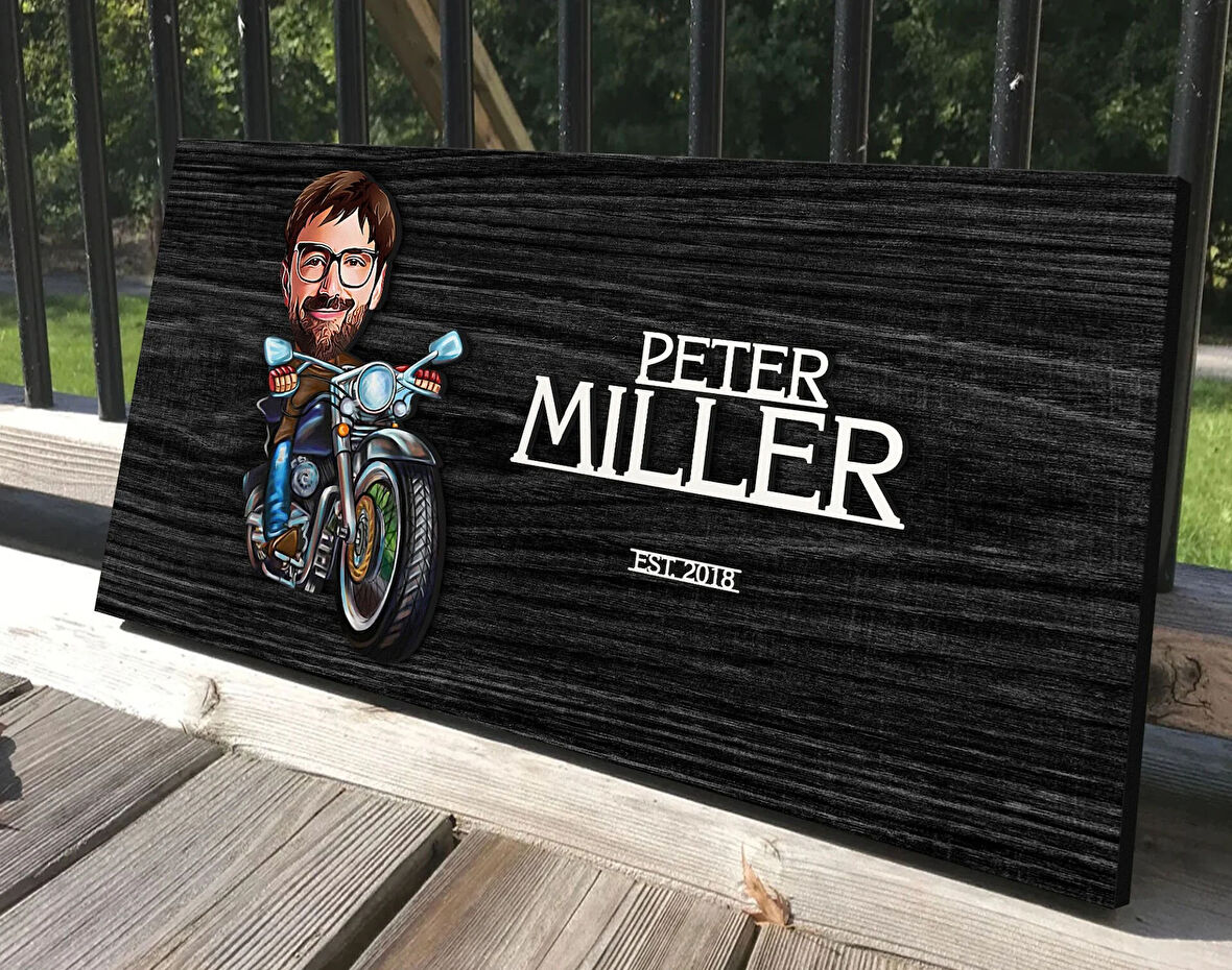 BK Gift Kişiye Özel Erkek Motorcu Karikatürlü Kabartma Tasarım Antik Siyah (Ebony) Ahşap Tabela-2, Dekoratif Tabela, Rustik Ev Dekorasyonu, Duvar Dekoru
