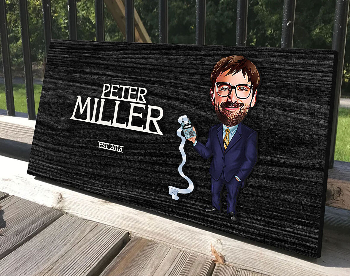 BK Gift Kişiye Özel Erkek Muhasebeci Karikatürlü Kabartma Tasarım Antik Siyah (Ebony) Ahşap Tabela-1, Dekoratif Tabela, Rustik Ev Dekorasyonu, Duvar Dekoru