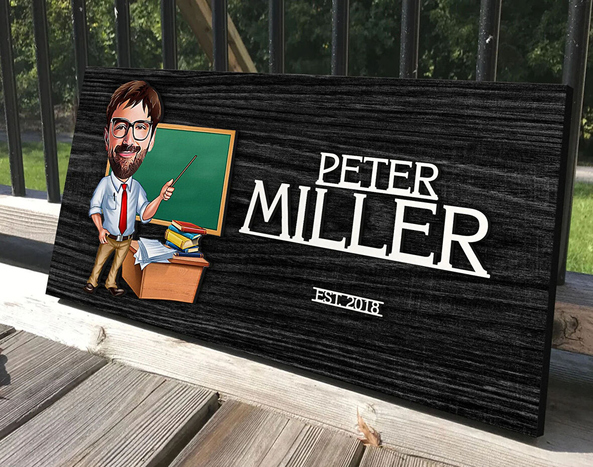 BK Gift Kişiye Özel Erkek Öğretmen Karikatürlü Kabartma Tasarım Antik Siyah (Ebony) Ahşap Tabela-2, Dekoratif Tabela, Rustik Ev Dekorasyonu, Duvar Dekoru