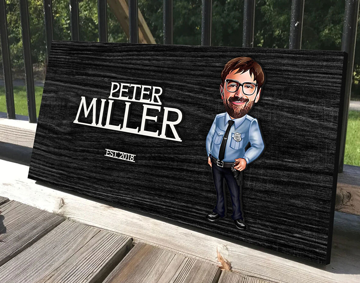 BK Gift Kişiye Özel Erkek Polis Karikatürlü Kabartma Tasarım Antik Siyah (Ebony) Ahşap Tabela-1, Dekoratif Tabela, Rustik Ev Dekorasyonu, Duvar Dekoru