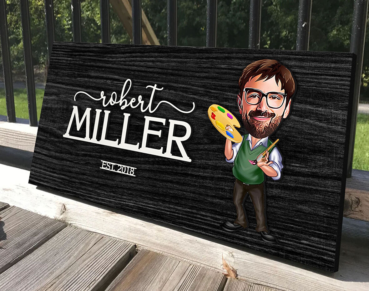 BK Gift Kişiye Özel Erkek Ressam Karikatürlü Kabartma Tasarım Antik Siyah (Ebony) Ahşap Tabela-1, Dekoratif Tabela, Rustik Ev Dekorasyonu, Duvar Dekoru