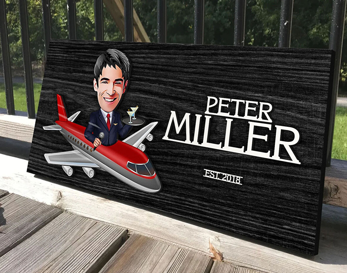 BK Gift Kişiye Özel Erkek Hostes Karikatürlü Kabartma Tasarım Antik Siyah (Ebony) Ahşap Tabela-1, Dekoratif Tabela, Rustik Ev Dekorasyonu, Duvar Dekoru