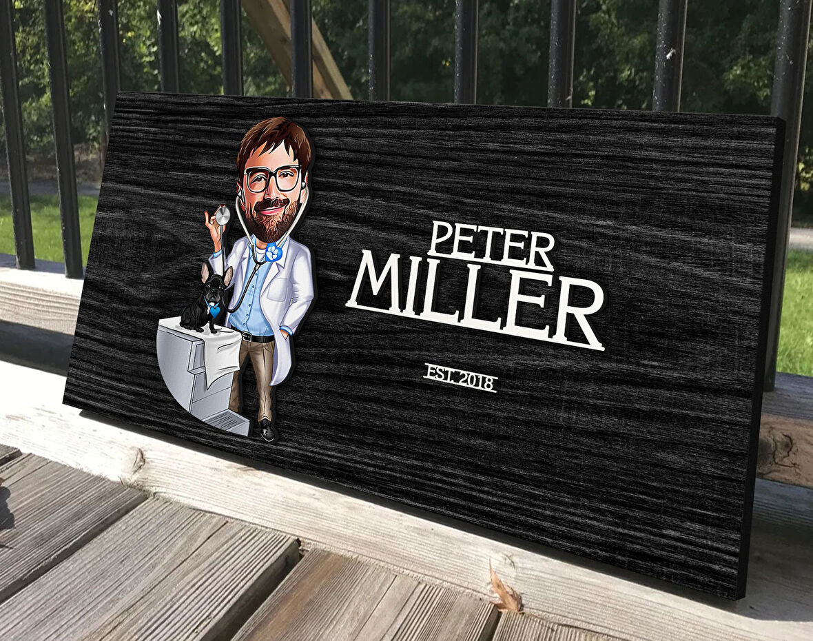 BK Gift Kişiye Özel Erkek Veteriner Karikatürlü Kabartma Tasarım Antik Siyah (Ebony) Ahşap Tabela-1, Dekoratif Tabela, Rustik Ev Dekorasyonu, Duvar Dekoru