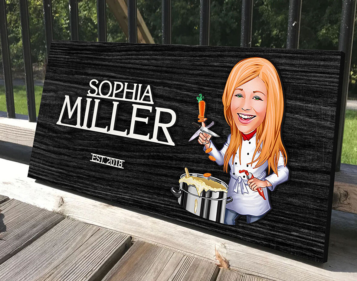 BK Gift Kişiye Özel Kadın Chef Karikatürlü Kabartma Tasarım Antik Siyah (Ebony) Ahşap Tabela-1, Dekoratif Tabela, Rustik Ev Dekorasyonu, Duvar Dekoru