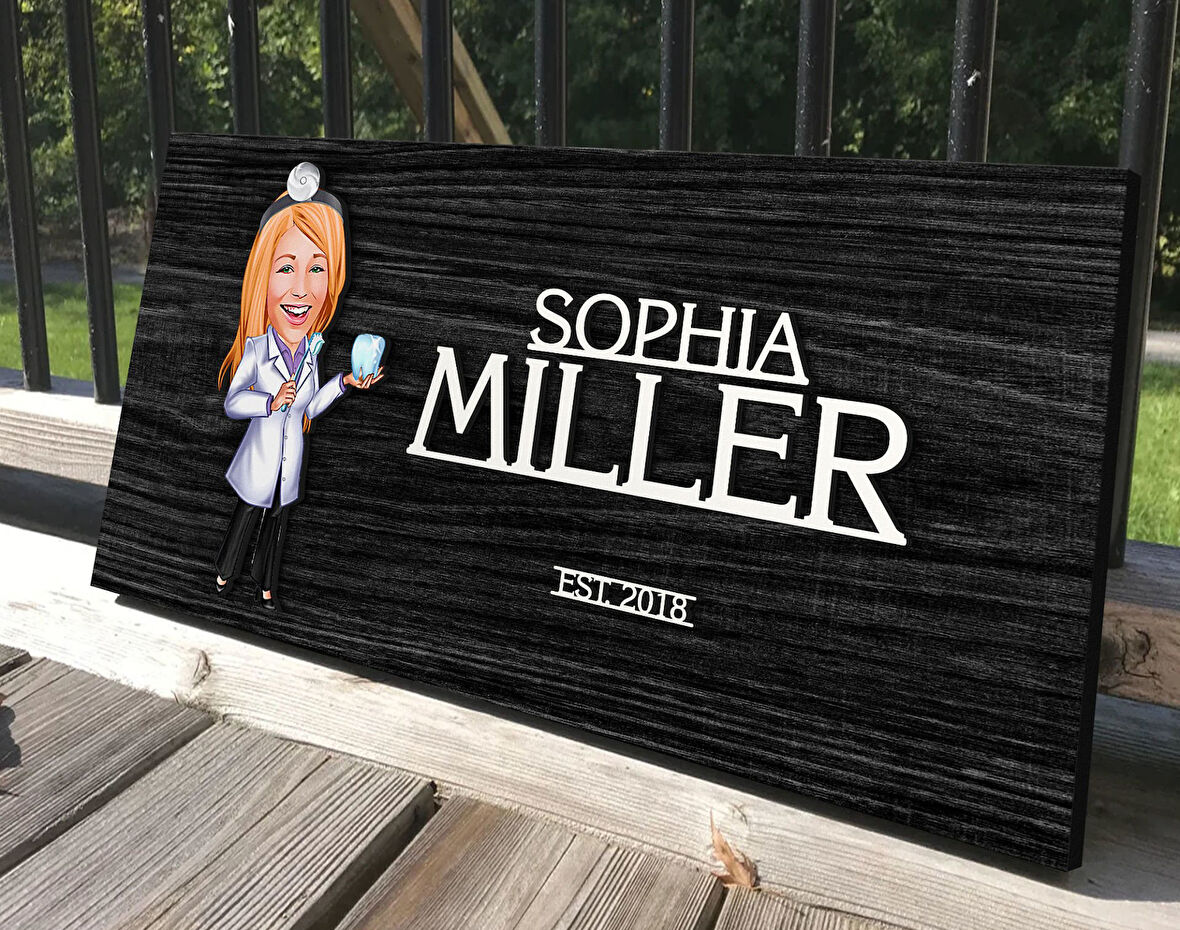 BK Gift Kişiye Özel Kadın Diş Hekimi Karikatürlü Kabartma Tasarım Antik Siyah (Ebony) Ahşap Tabela-1, Dekoratif Tabela, Rustik Ev Dekorasyonu, Duvar Dekoru