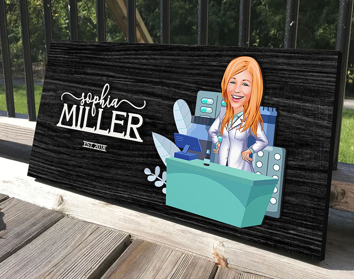 BK Gift Kişiye Özel Kadın Eczacı Karikatürlü Kabartma Tasarım Antik Siyah (Ebony) Ahşap Tabela-1, Dekoratif Tabela, Rustik Ev Dekorasyonu, Duvar Dekoru