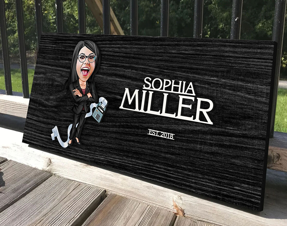 BK Gift Kişiye Özel Kadın Muhasebeci Karikatürlü Kabartma Tasarım Antik Siyah (Ebony) Ahşap Tabela-2, Dekoratif Tabela, Rustik Ev Dekorasyonu, Duvar Dekoru