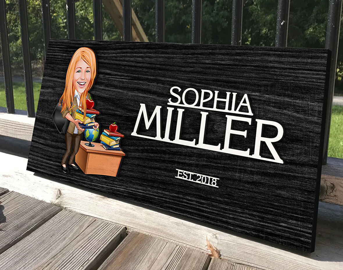 BK Gift Kişiye Özel Kadın Öğretmen Karikatürlü Kabartma Tasarım Antik Siyah (Ebony) Ahşap Tabela-4, Dekoratif Tabela, Rustik Ev Dekorasyonu, Duvar Dekoru