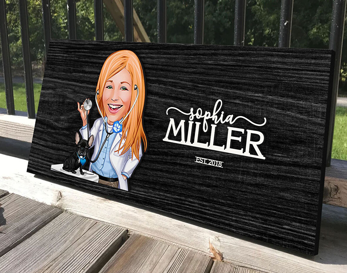 BK Gift Kişiye Özel Kadın Veteriner Karikatürlü Kabartma Tasarım Antik Siyah (Ebony) Ahşap Tabela-1, Dekoratif Tabela, Rustik Ev Dekorasyonu, Duvar Dekoru