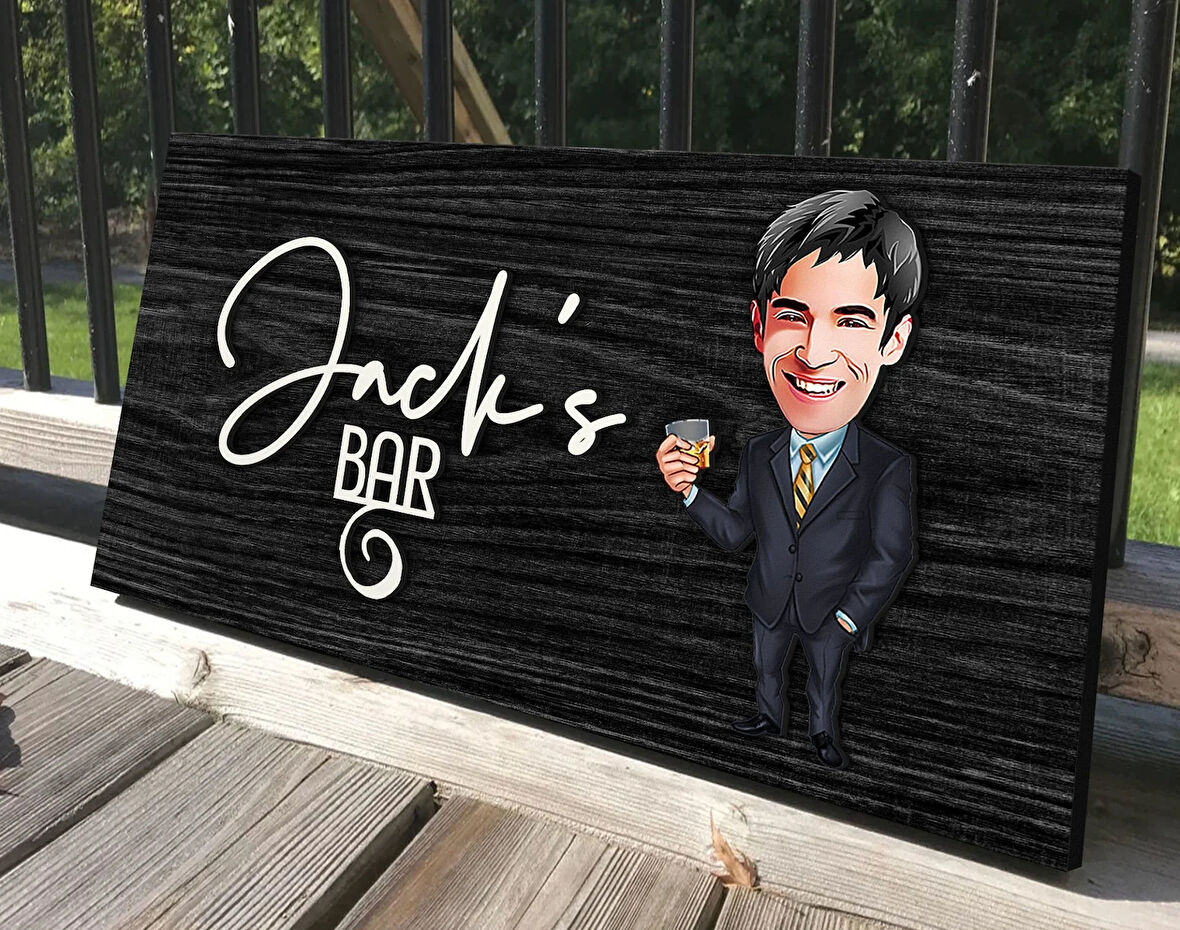 BK Gift Kişiye Özel Erkek Karikatürlü Kabartma Tasarım Antik Siyah (Ebony) Ahşap Tabela-5, Dekoratif Tabela, Rustik Ev Dekorasyonu, Duvar Dekoru