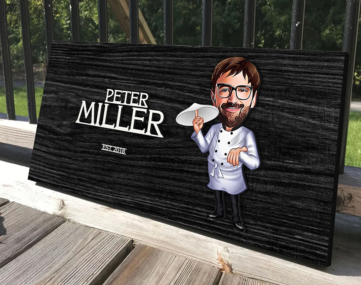 BK Gift Kişiye Özel Erkek Pizzacı Karikatürlü Kabartma Tasarım Antik Siyah (Ebony) Ahşap Tabela-1, Dekoratif Tabela, Rustik Ev Dekorasyonu, Duvar Dekoru