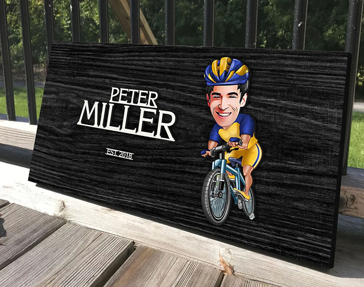 BK Gift Kişiye Özel Erkek Bisikletçi Karikatürlü Kabartma Tasarım Antik Siyah (Ebony) Ahşap Tabela-1, Dekoratif Tabela, Rustik Ev Dekorasyonu, Duvar Dekoru