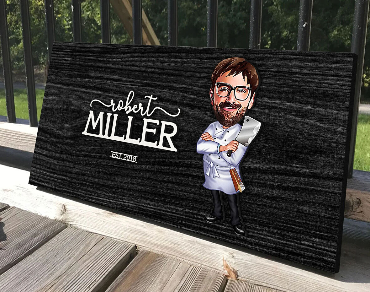 BK Gift Kişiye Özel Erkek Chef Karikatürlü Kabartma Tasarım Antik Siyah (Ebony) Ahşap Tabela-1, Dekoratif Tabela, Rustik Ev Dekorasyonu, Duvar Dekoru