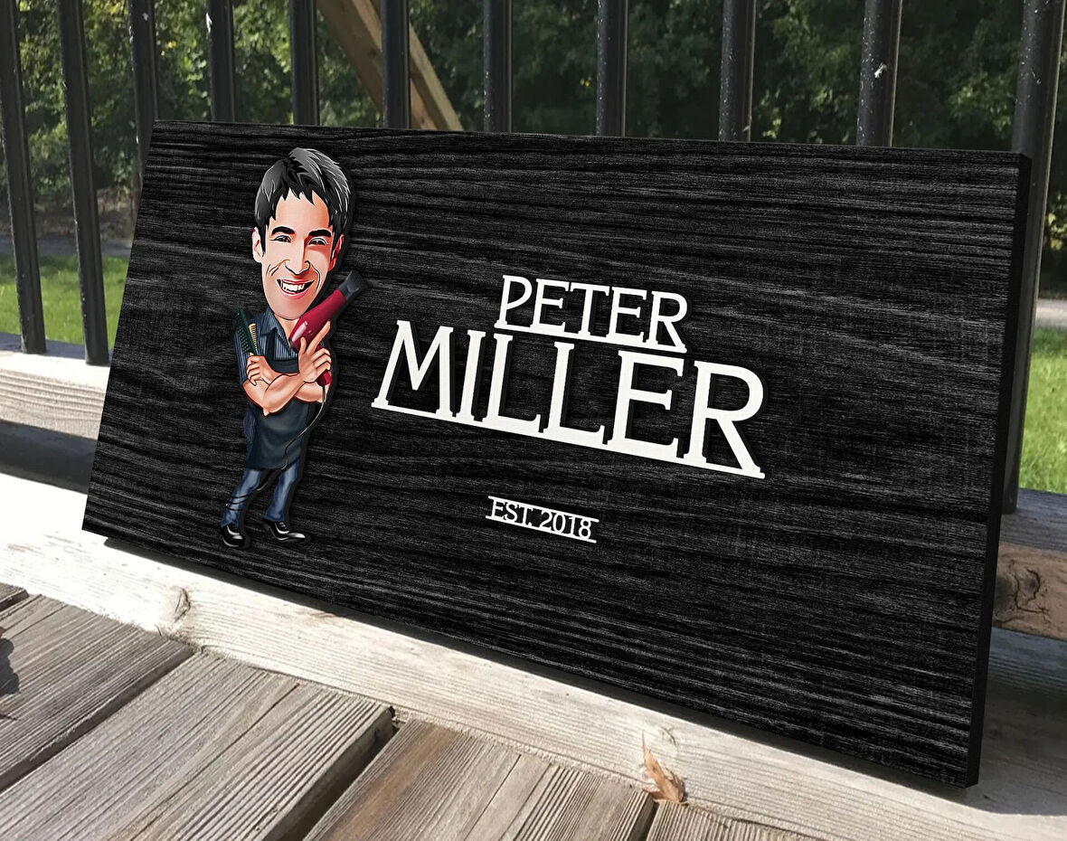 BK Gift Kişiye Özel Erkek Kuaför Karikatürlü Kabartma Tasarım Antik Siyah (Ebony) Ahşap Tabela-1, Dekoratif Tabela, Rustik Ev Dekorasyonu, Duvar Dekoru