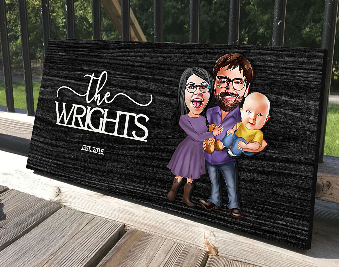 BK Gift Kişiye Özel 3'lü Aile Karikatürlü Kabartma Tasarım Antik Siyah (Ebony) Ahşap Tabela-3, Dekoratif Tabela, Rustik Ev Dekorasyonu, Duvar Dekoru