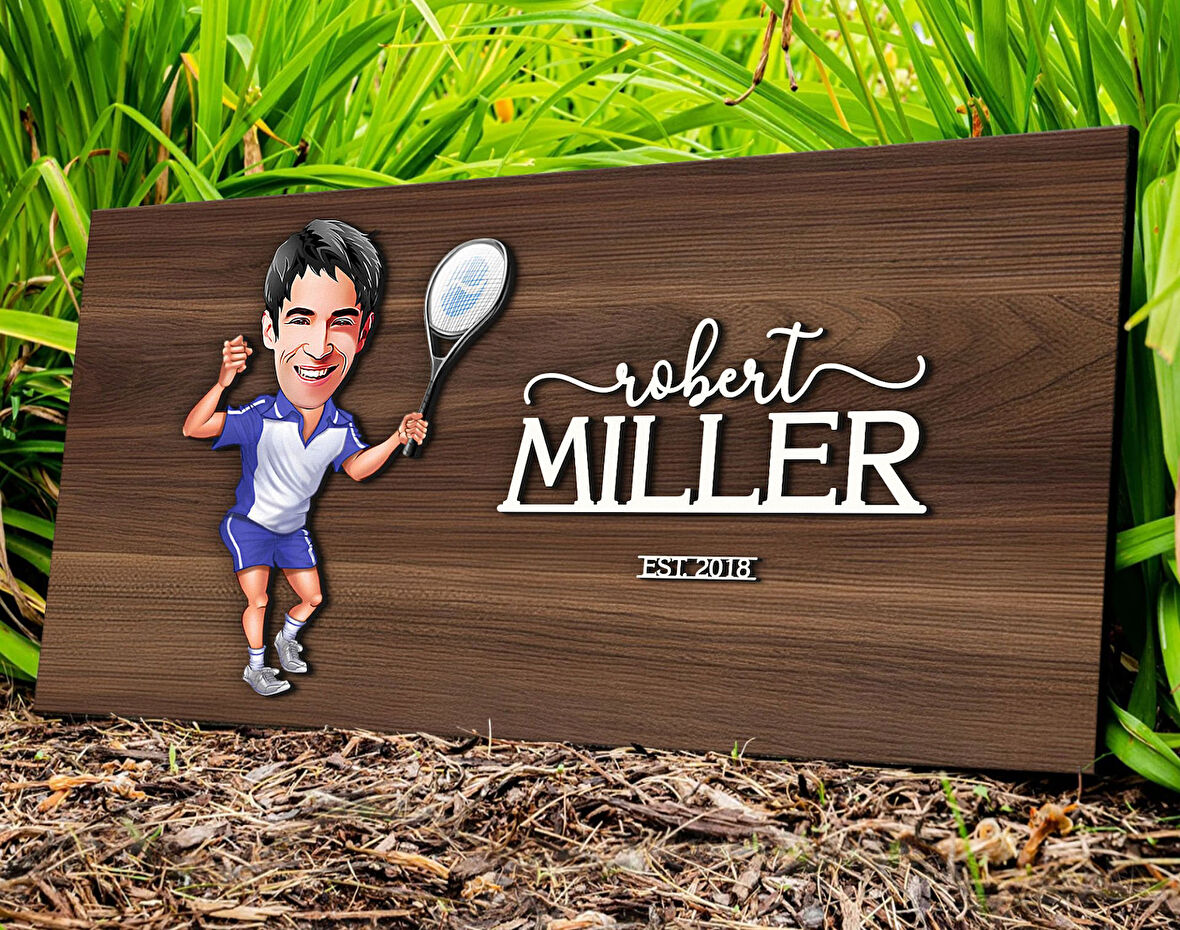BK Gift Kişiye Özel Erkek Tenis Oyuncusu Karikatürlü Kabartma Tasarım Antik Ceviz Ahşap Tabela-1, Dekoratif Tabela, Rustik Ev Dekorasyonu