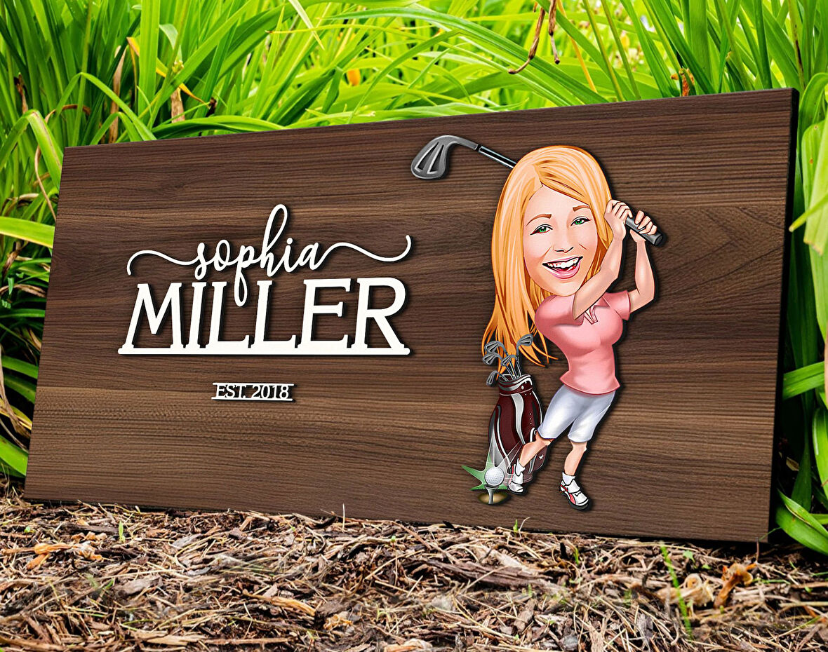 BK Gift Kişiye Özel Kadın Golfçü Karikatürlü Kabartma Tasarım Antik Ceviz Ahşap Tabela-1, Dekoratif Tabela, Rustik Ev Dekorasyonu