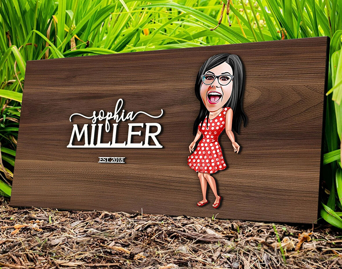 BK Gift Kişiye Özel Kadın Karikatürlü Kabartma Tasarım Antik Ceviz Ahşap Tabela-10, Dekoratif Tabela, Rustik Ev Dekorasyonu