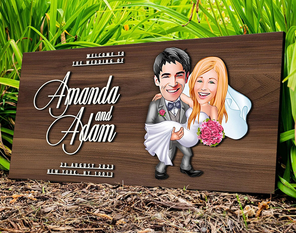 BK Gift Kişiye Özel Evleniyoruz Karikatürlü Kabartma Tasarım Antik Ceviz Ahşap Tabela-7, Dekoratif Tabela, Rustik Ev Dekorasyonu