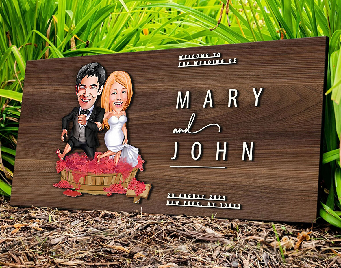 BK Gift Kişiye Özel Evleniyoruz Karikatürlü Kabartma Tasarım Antik Ceviz Ahşap Tabela-10B, Dekoratif Tabela, Rustik Ev Dekorasyonu