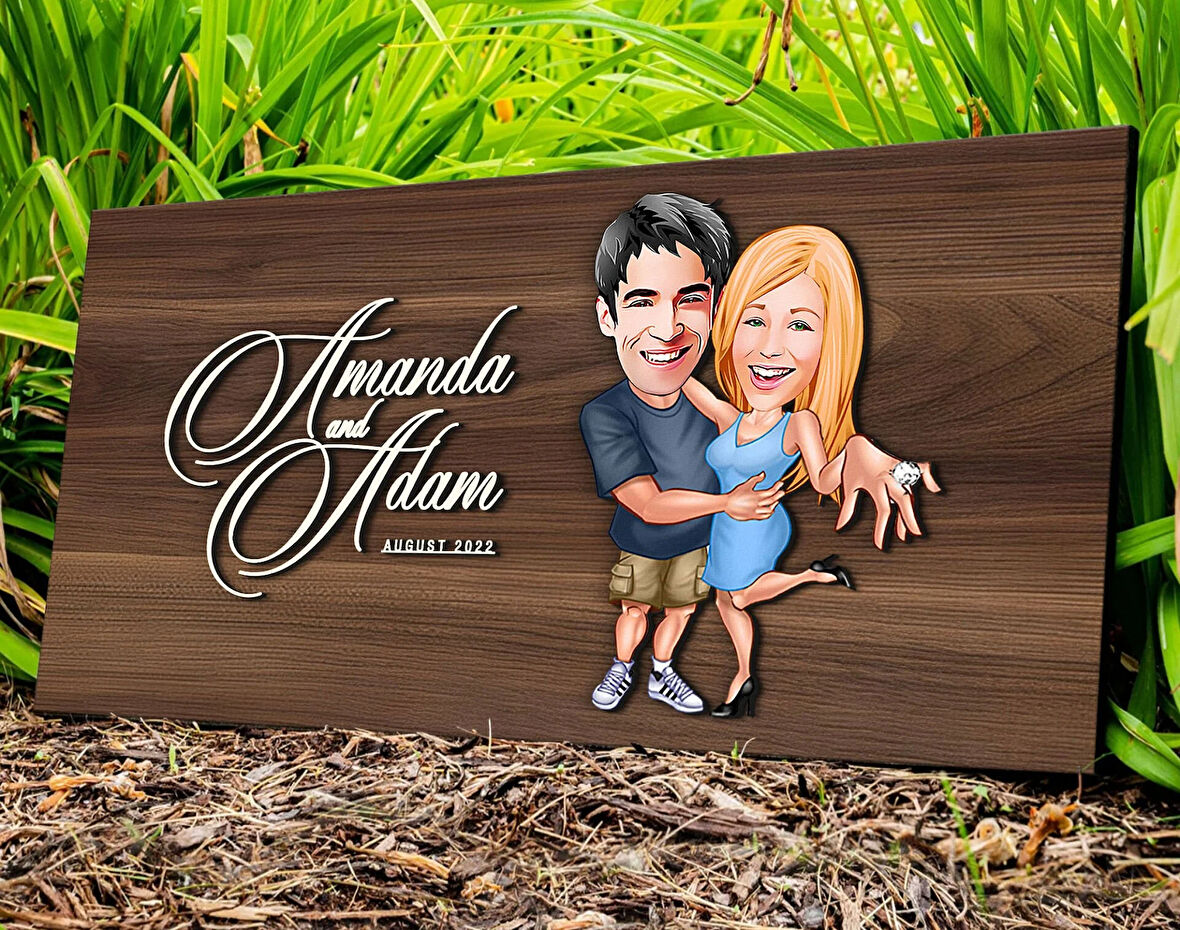 BK Gift Kişiye Özel Sevgililer Karikatürlü Kabartma Tasarım Antik Ceviz Ahşap Tabela-14, Dekoratif Tabela, Rustik Ev Dekorasyonu