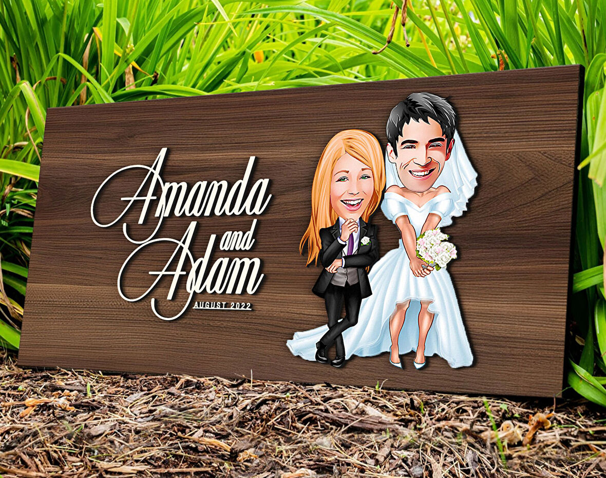 BK Gift Kişiye Özel Sevgililer Karikatürlü Kabartma Tasarım Antik Ceviz Ahşap Tabela-16, Dekoratif Tabela, Rustik Ev Dekorasyonu