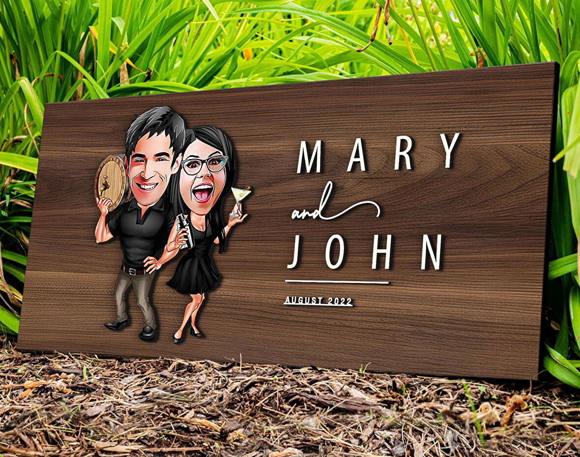 BK Gift Kişiye Özel Sevgililer Karikatürlü Kabartma Tasarım Antik Ceviz Ahşap Tabela-18, Dekoratif Tabela, Rustik Ev Dekorasyonu