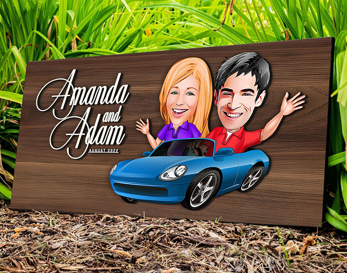 BK Gift Kişiye Özel Sevgililer Karikatürlü Kabartma Tasarım Antik Ceviz Ahşap Tabela-52, Dekoratif Tabela, Rustik Ev Dekorasyonu