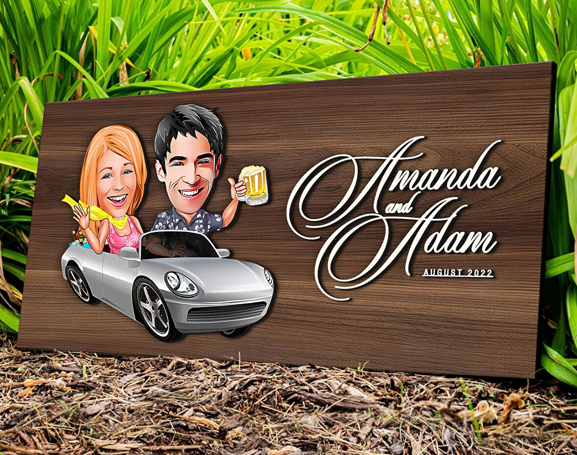 BK Gift Kişiye Özel Sevgililer Karikatürlü Kabartma Tasarım Antik Ceviz Ahşap Tabela-53, Dekoratif Tabela, Rustik Ev Dekorasyonu