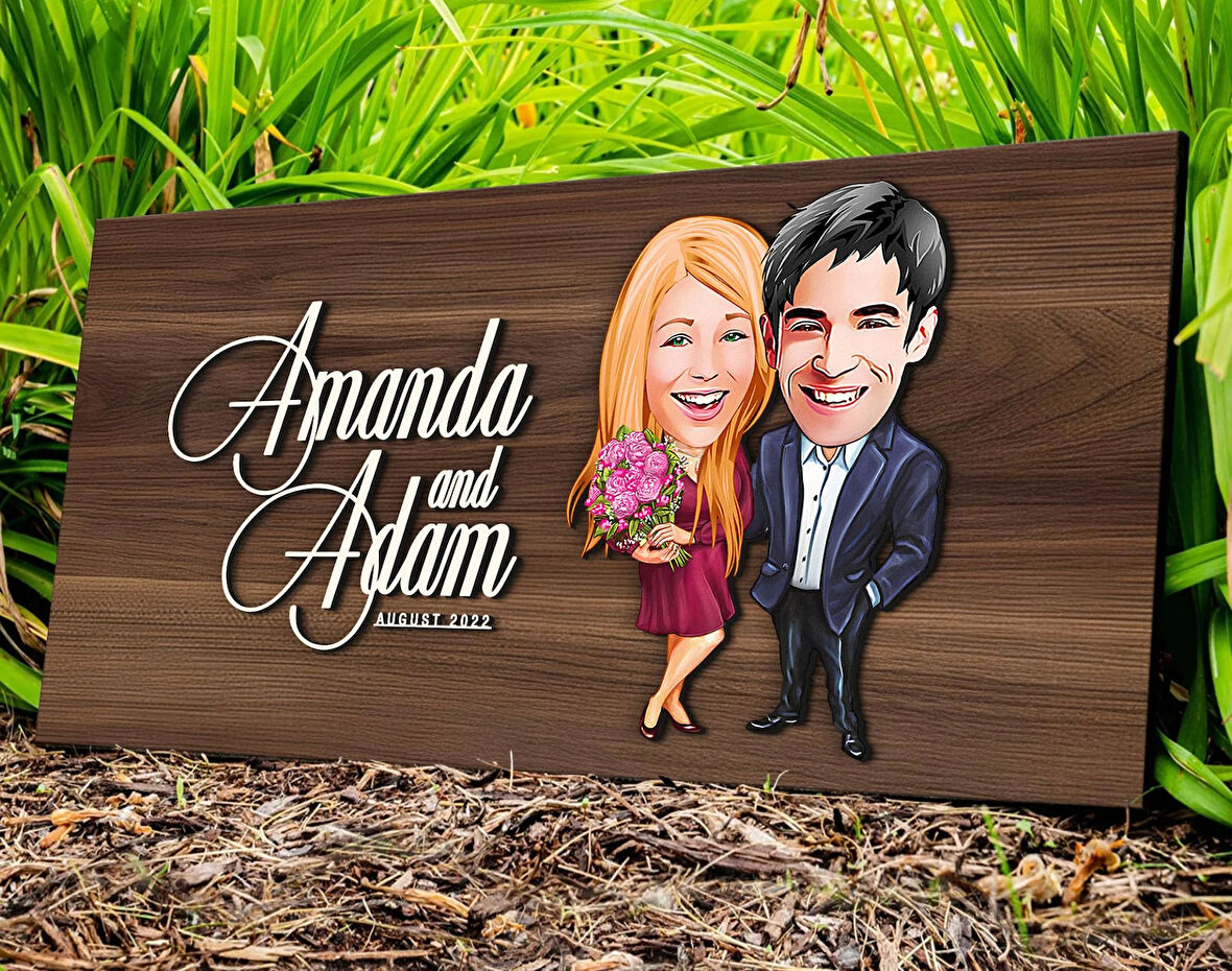 BK Gift Kişiye Özel Sevgililer Karikatürlü Kabartma Tasarım Antik Ceviz Ahşap Tabela-94, Dekoratif Tabela, Rustik Ev Dekorasyonu