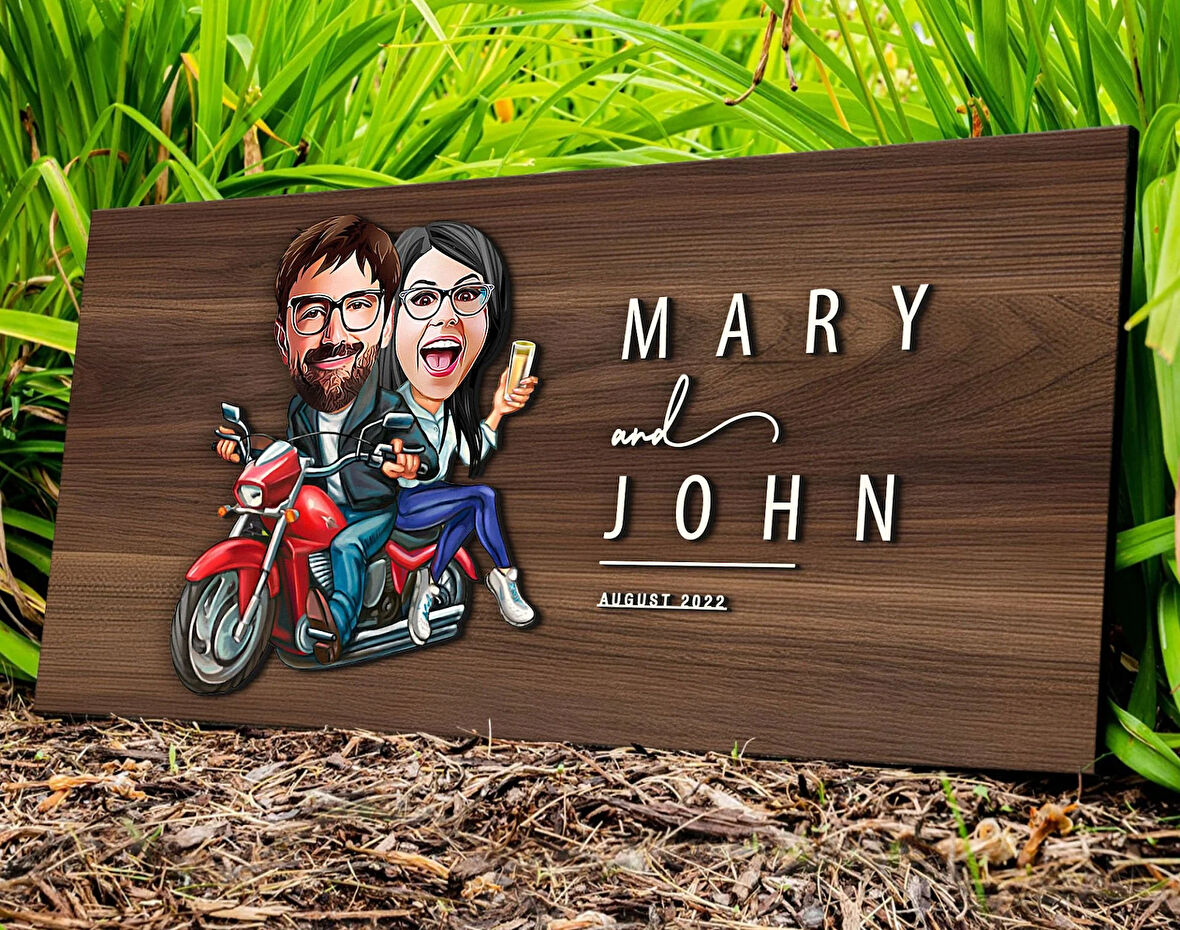 BK Gift Kişiye Özel Sevgililer Karikatürlü Kabartma Tasarım Antik Ceviz Ahşap Tabela-97, Dekoratif Tabela, Rustik Ev Dekorasyonu