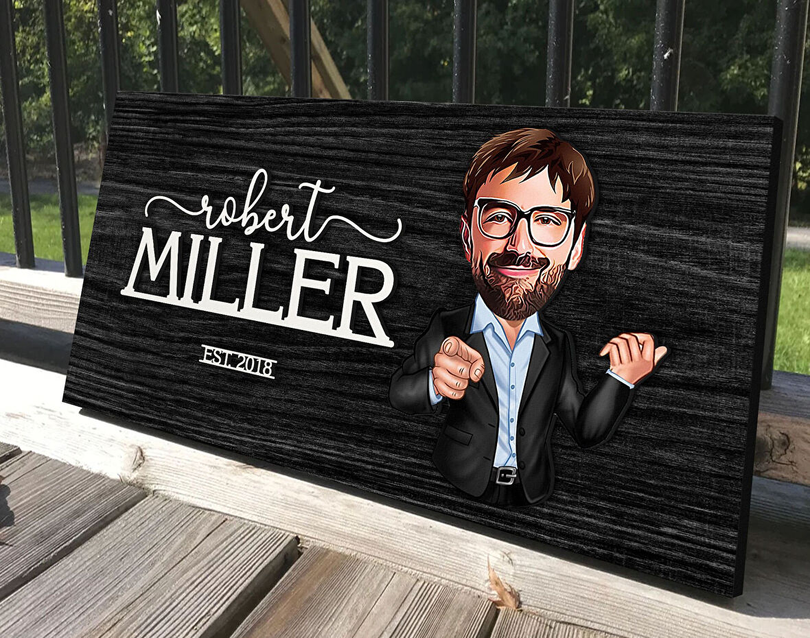 BK Gift Kişiye Özel Erkek Karikatürlü Kabartma Tasarım Antik Siyah (Ebony) Ahşap Tabela-1, Dekoratif Tabela, Rustik Ev Dekorasyonu, Duvar Dekoru